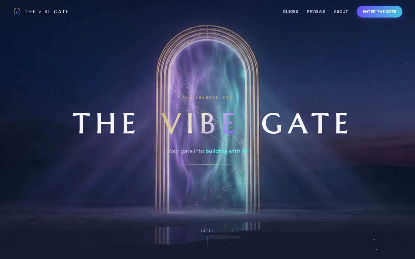 The finished landing page of thevibegate.com — a glowing golden arch with a violet and cyan aurora veil