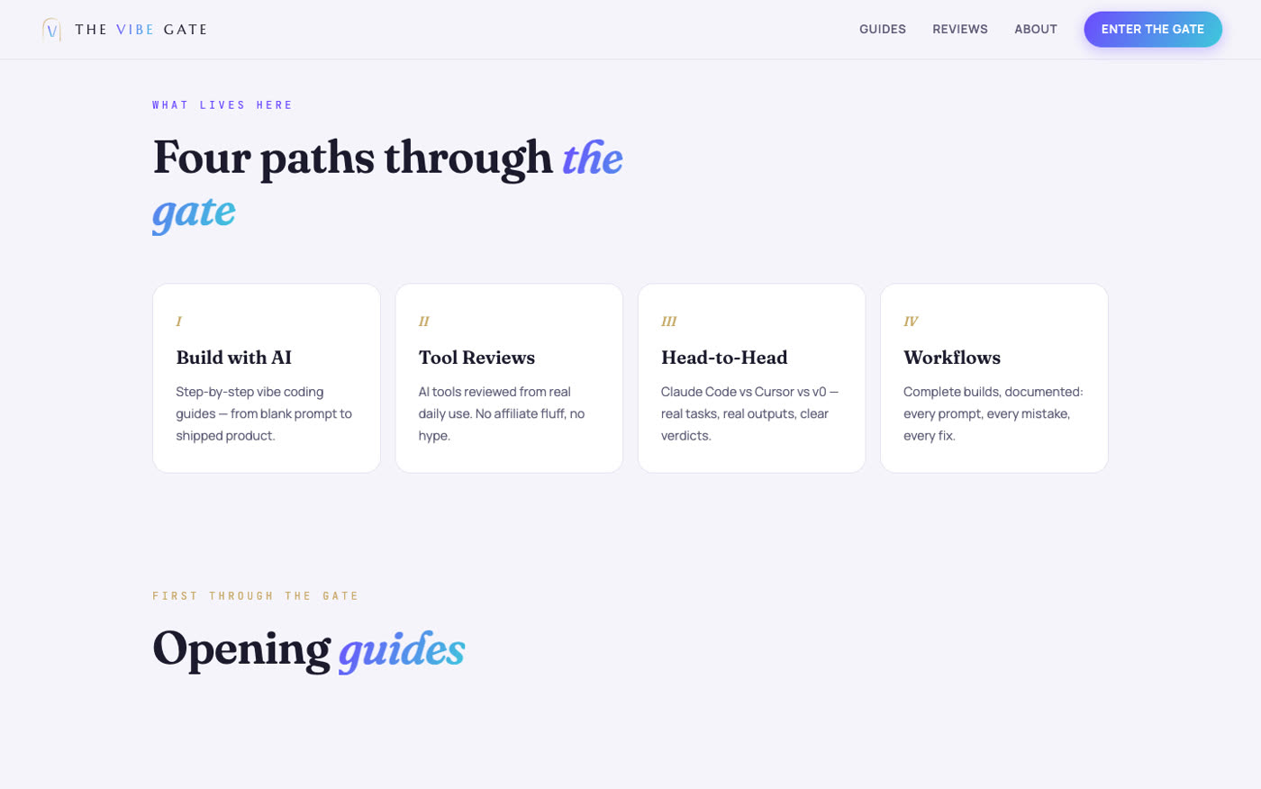 The light pearl-toned section of the site with four content pillar cards